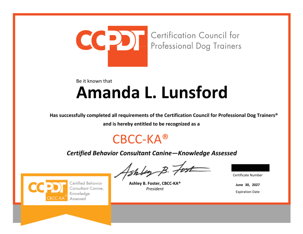Amana's certificate from CCPDT for Certified Canine Behavior Consultant- Knowledge Assessed