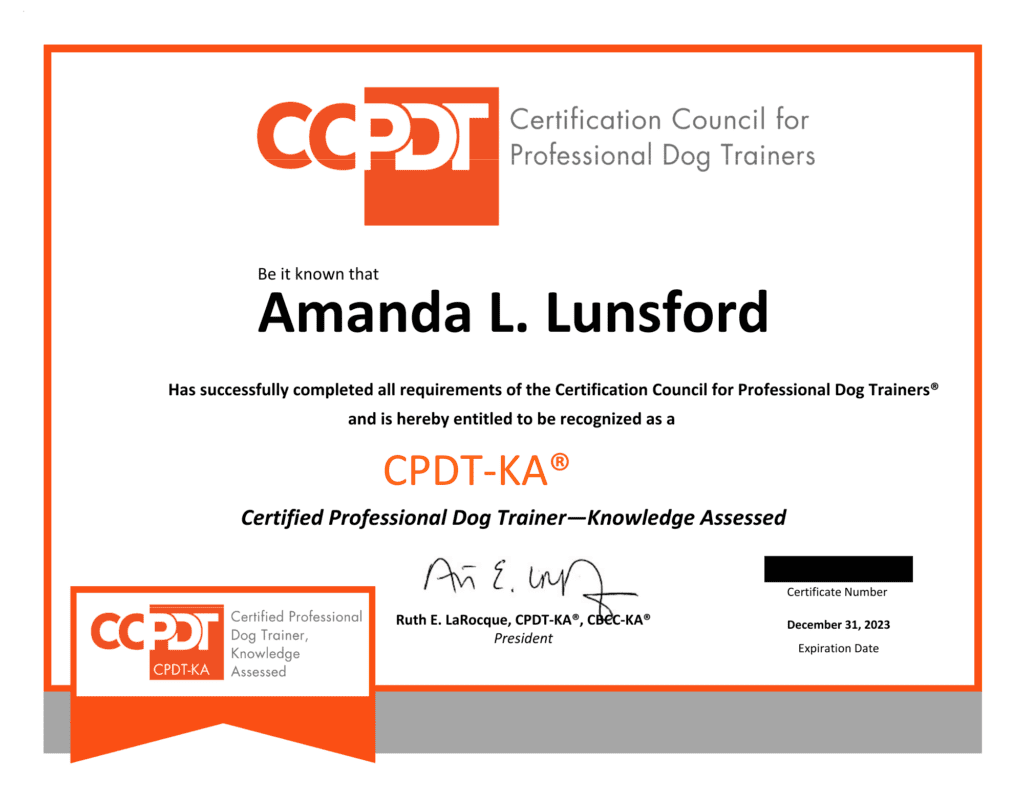 Amanda's Certificate from CCPDT for a Certified Professional Dog Trainer- Knowledge Assessed